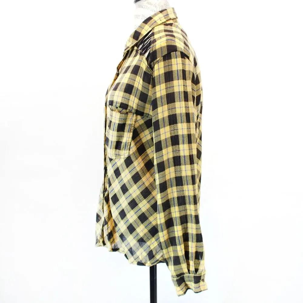 Free People Grunge Yellow Black Plaid Cutout Tunic Shirt Medium Modern